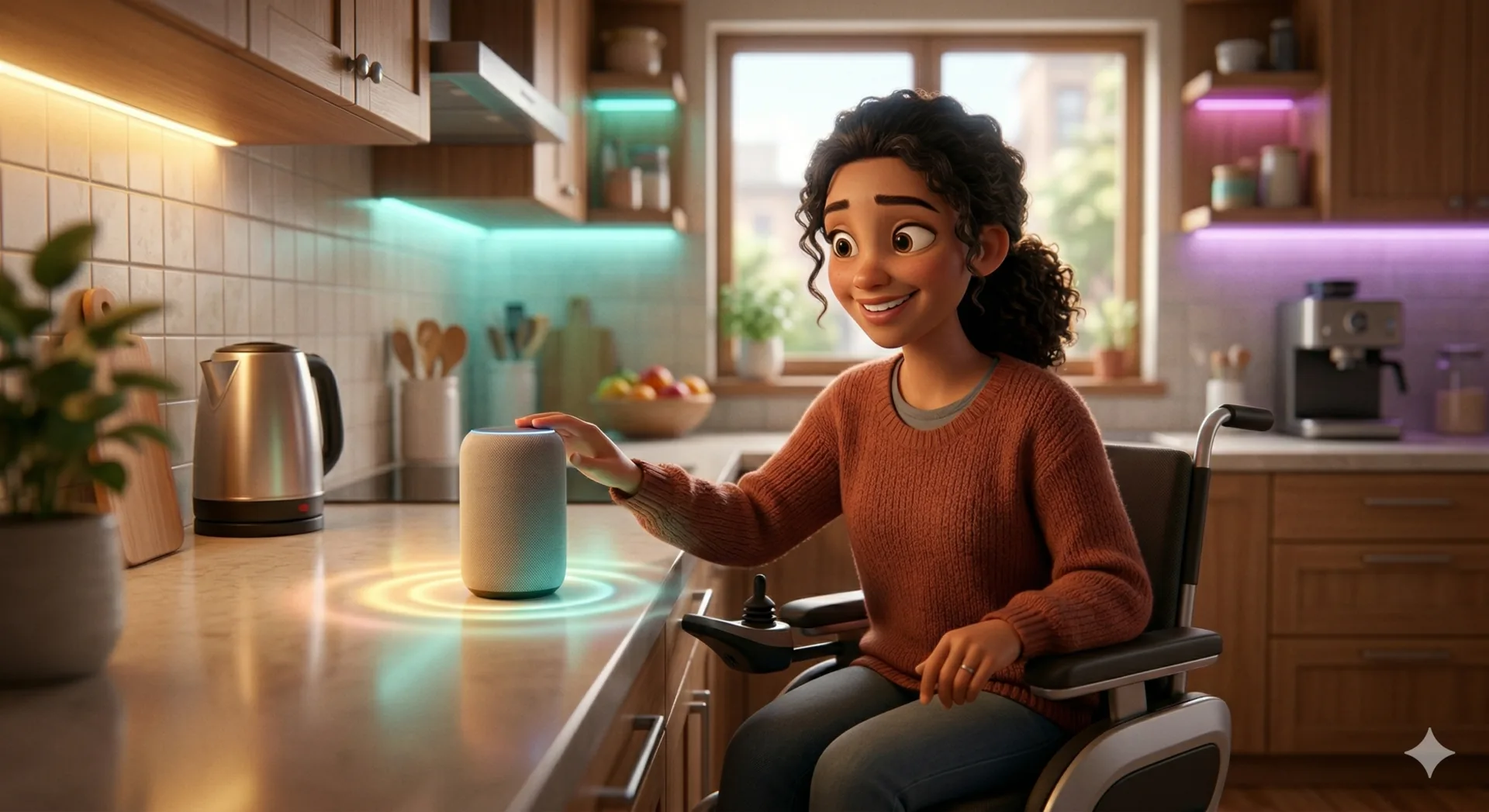 A person using a wheelchair operating a smart speaker in their kitchen