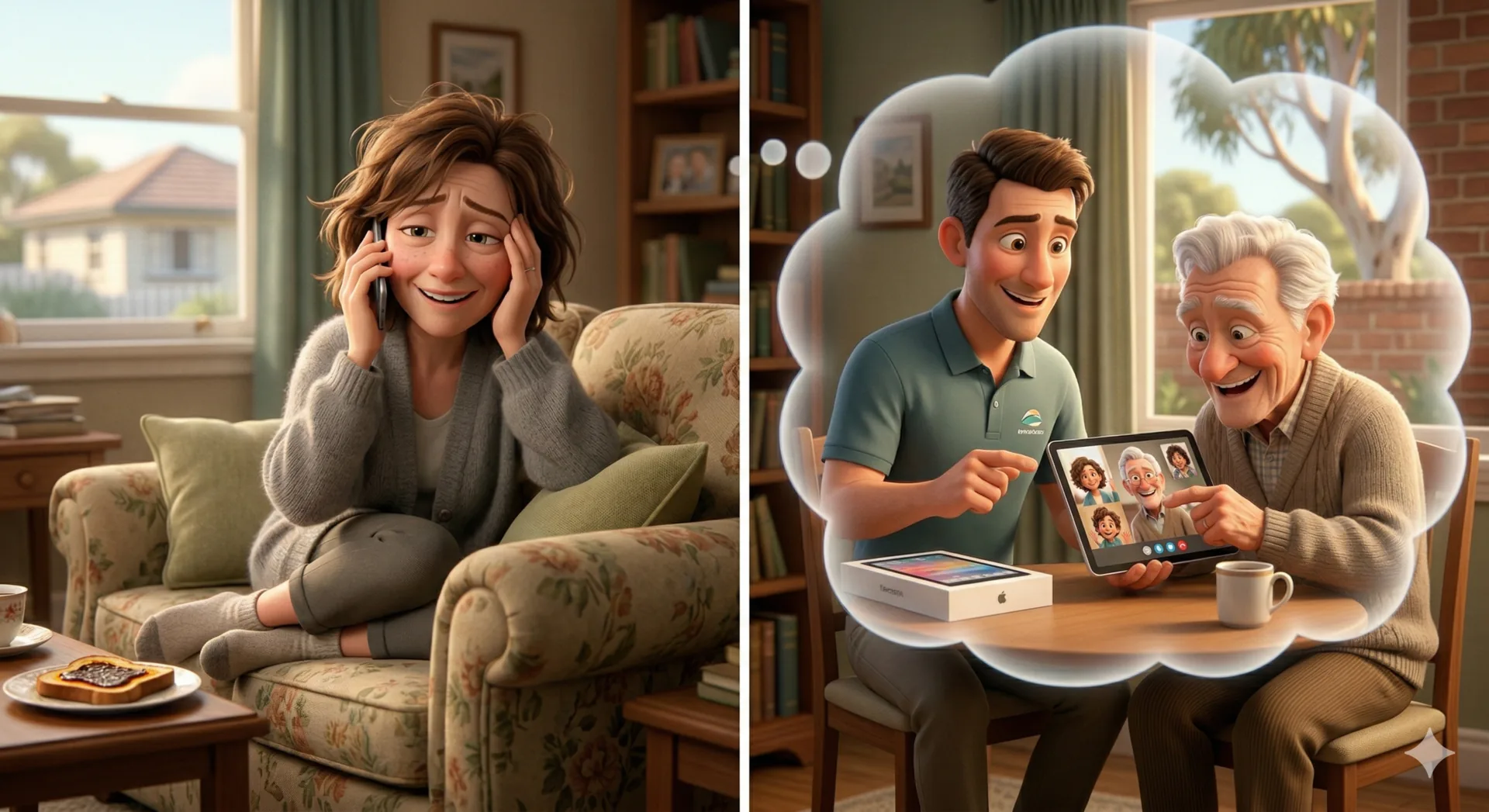 An adult daughter feeling reassured about her parent's technology
