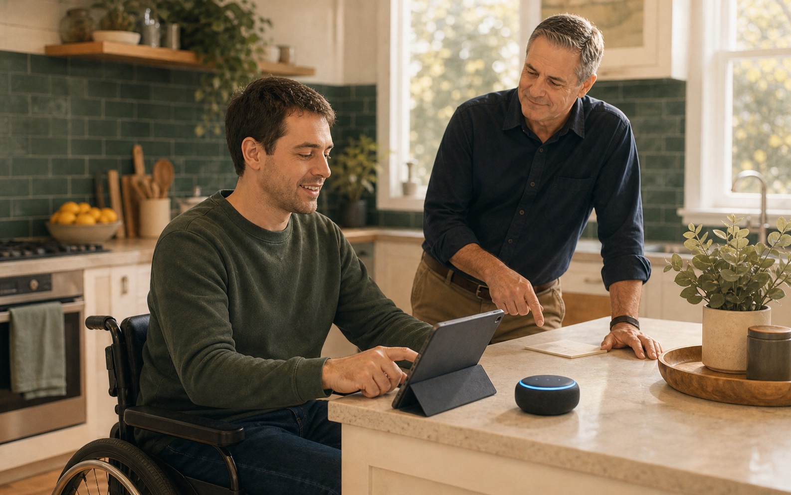 A wheelchair user controlling a tablet and voice assistant while a support worker explains the setup