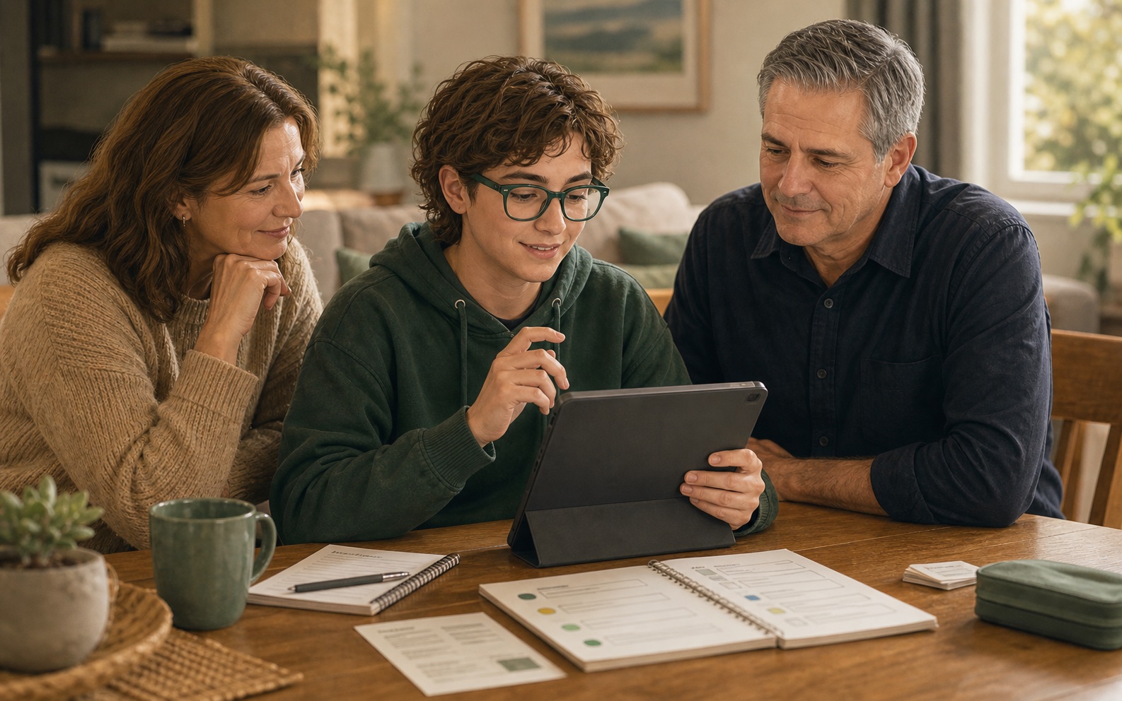 A client using a tablet support assistant with family and a technology support worker nearby