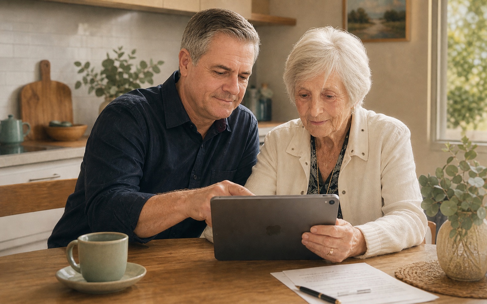 A technology support worker helping an older woman use a tablet at a kitchen table