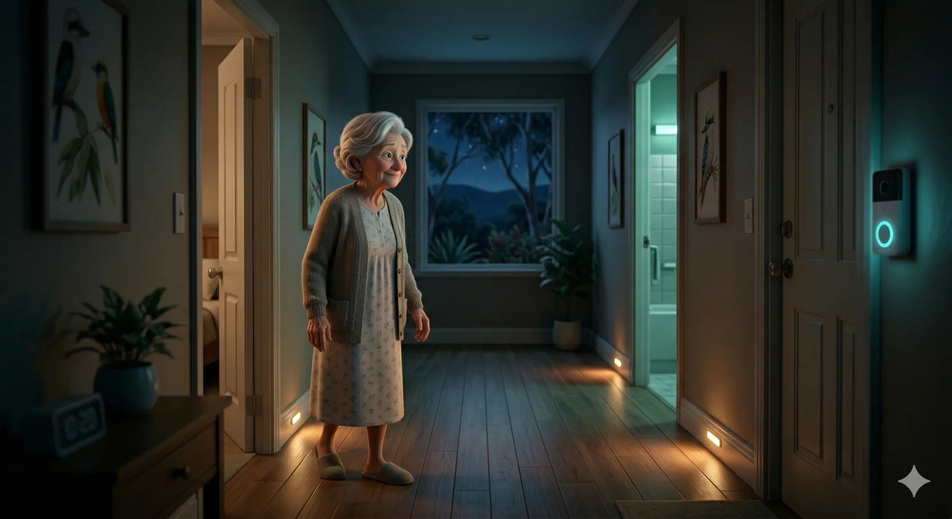 Motion-activated lighting guiding the way down a hallway at night