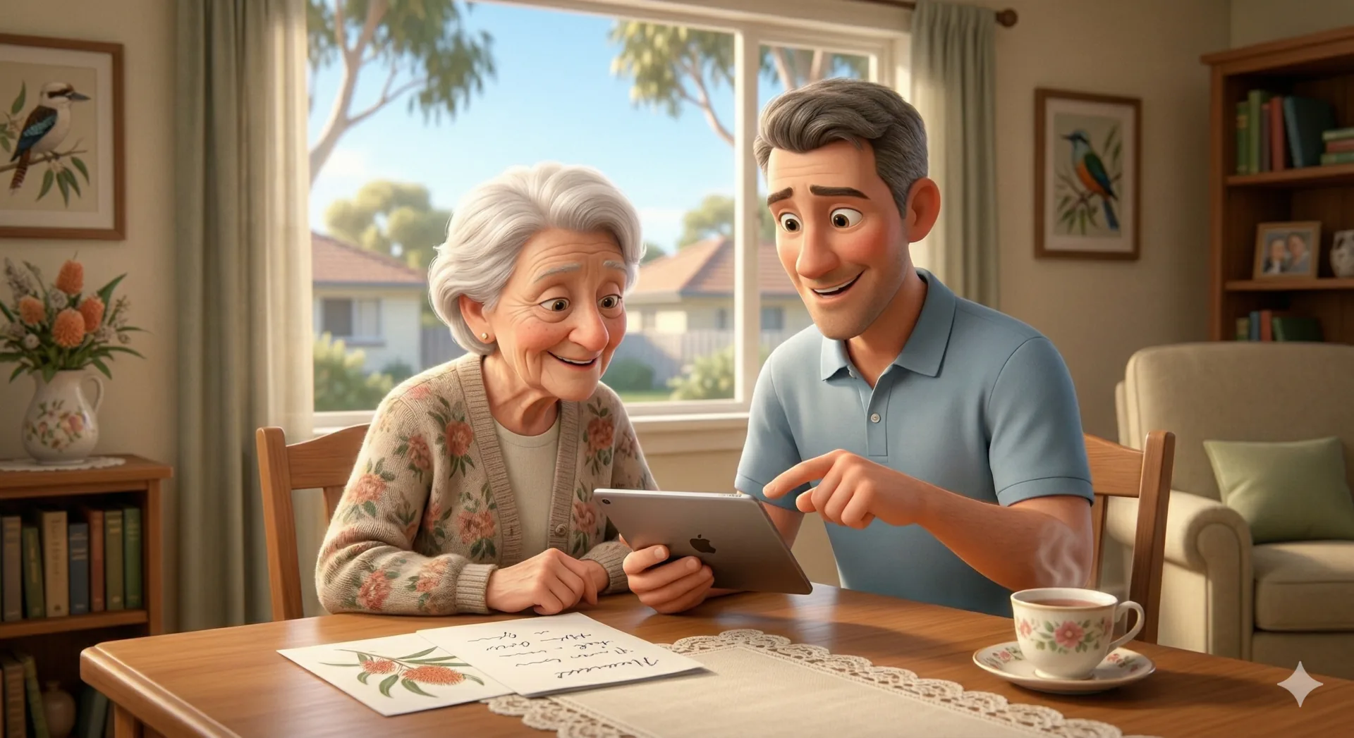 A senior couple at their kitchen table learning to use a tablet